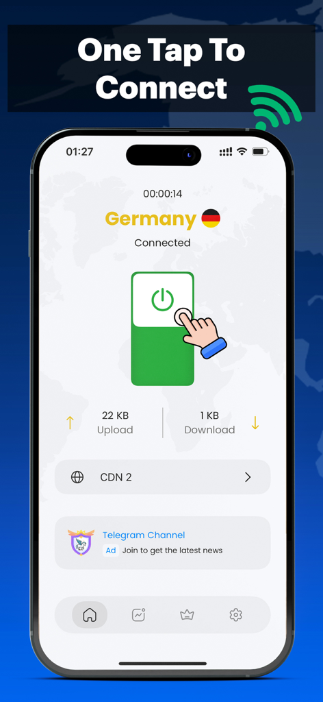 Pegasus VPN PRO - Pegasus VPN PRO mobile app interface showing a one-tap connection to a German server