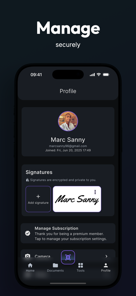 Pantalla de perfil de usuario de la aplicación Docsy mostrando una firma digital guardada e información de cifrado de seguridad.