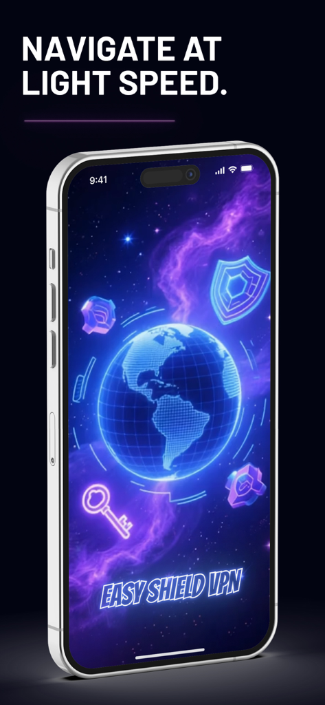 VPN - Easy Shield VPN 2026 - Interface do Easy Shield VPN mostrando um globo brilhante e um escudo para navegação rápida e segura