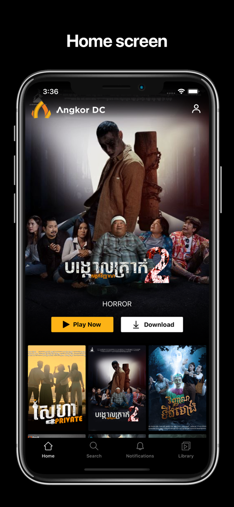 Home screen of the Angkor DC mobile app showing Cambodian movie posters and streaming options.