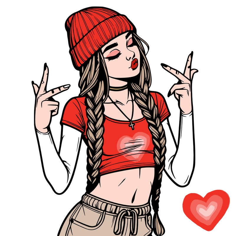 realistic teenage girl with braids and a beanie and crop top doing 🫶🏼