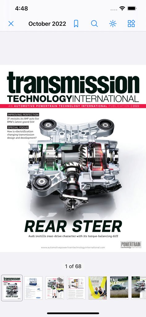 Automotive Powertrain Tech Int - リアステアディファレンシャルの詳細な技術的カットアウェイを特集したTransmission Technology International雑誌の表紙