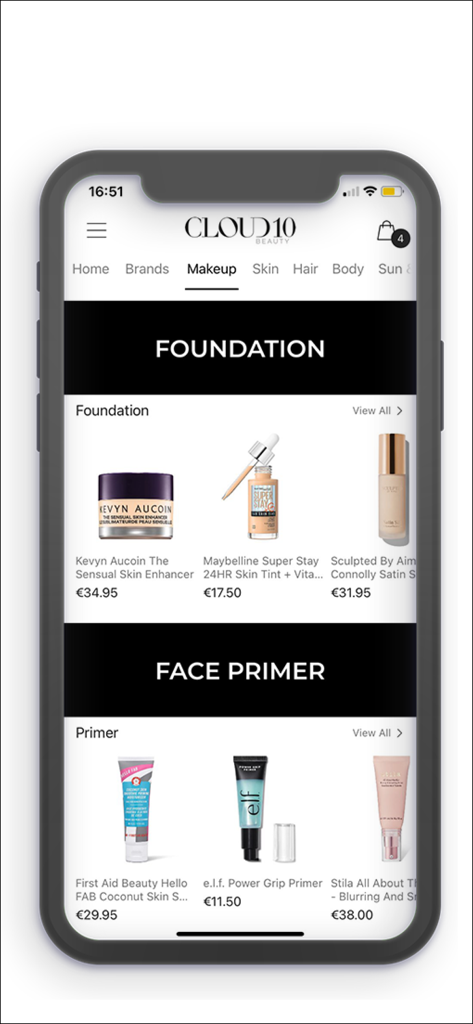 Cloud 10 Beauty - Aplicativo móvel Cloud 10 Beauty mostrando maquiagem, bases e primers faciais.