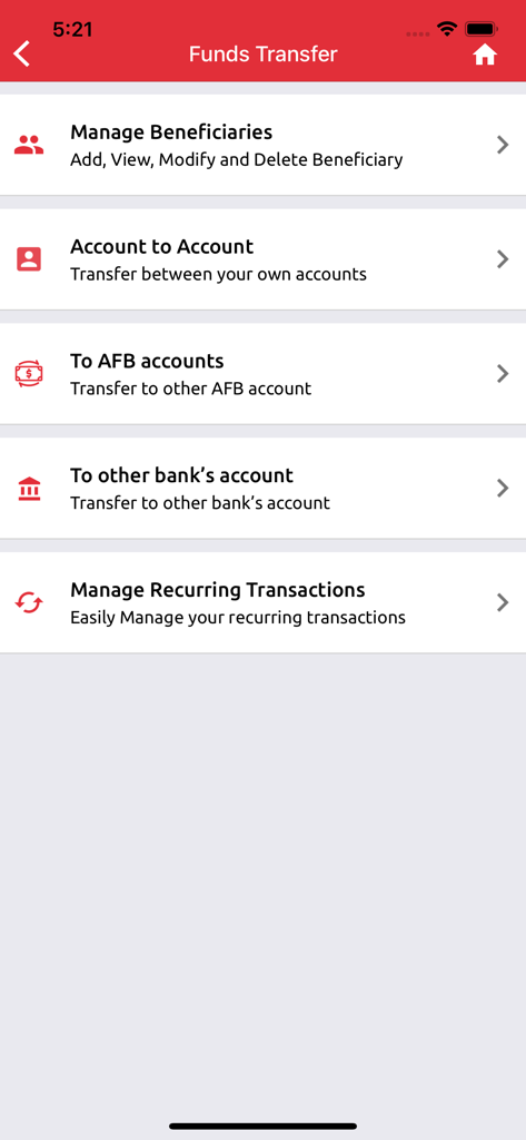 SARA BY AFRILAND - Funds Transfer menu in the SARA BY AFRILAND mobile banking app.