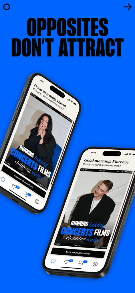 Two iPhones displaying Inner Circle dating profiles with shared interests under the headline Opposites Dont Attract