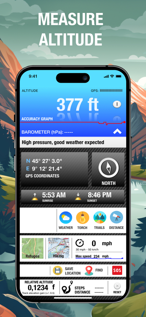 Altimeter GPS & Barometer - Interface do aplicativo Altimeter GPS mostrando leituras de altitude e painel de navegação