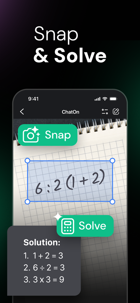 Pantalla de smartphone que muestra la función Snap and Solve de ChatOn AI proporcionando una solución paso a paso para un problema matemático escrito a mano.
