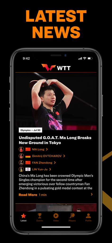 La schermata delle ultime notizie dell'app World Table Tennis con un articolo su Ma Long e la sua vittoria olimpica.