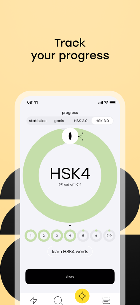 Progress dashboard showing HSK 4 word mastery in the Laoshi app