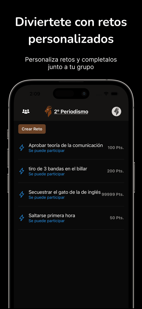Goated - The Goated app screen showing a list of custom social challenges and point values for a group of friends.