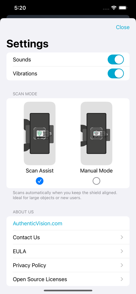 Authentic Vision - CheckIfReal - 스캔 모드 선택 및 사운드 설정을 보여주는 CheckIfReal 앱의 설정 화면