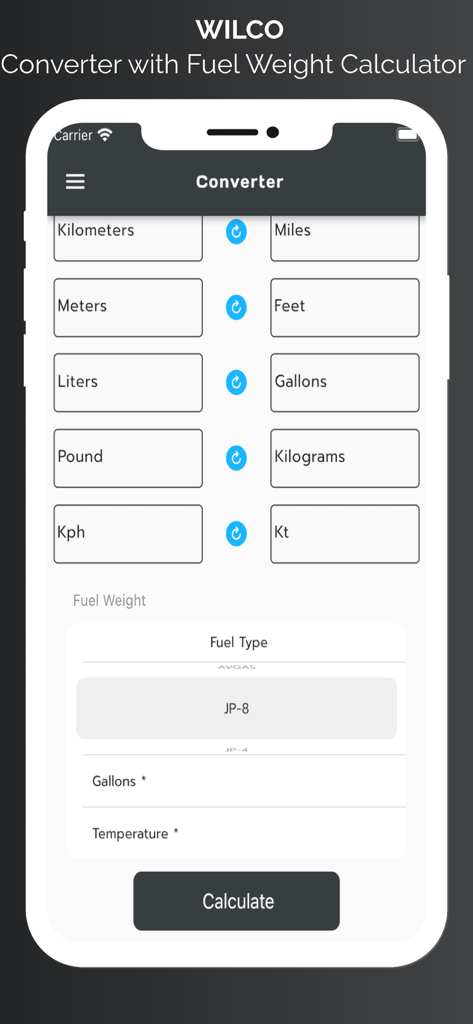 WilCo - Pilot Aviation Weather - WilCo app unit converter and fuel weight calculator interface for pilots