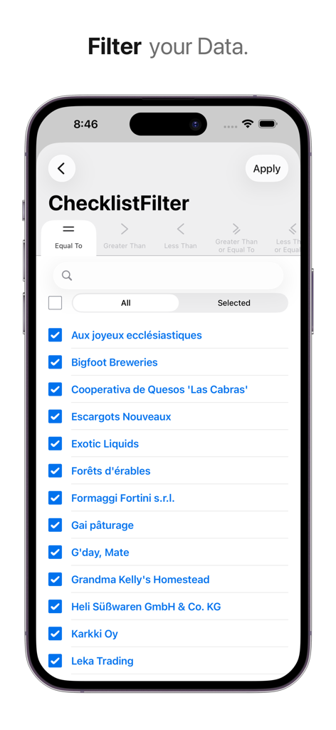 Infor Birst mobile interface showing a data filtering checklist for business reports