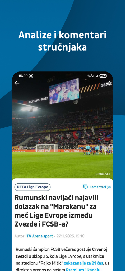 TV Arena Sport app interface featuring a soccer news article and expert analysis