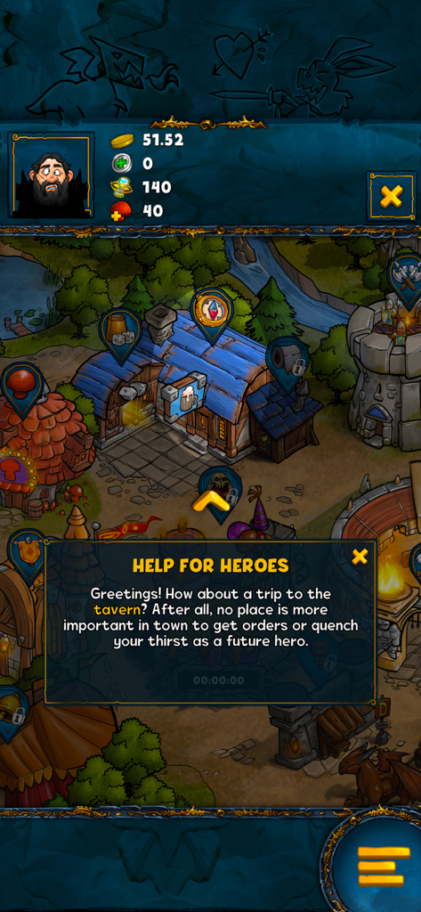 Shakes and Fidget: Idle RPG - Comic style town map in Shakes and Fidget Idle RPG featuring the tavern and a help for heroes dialogue box