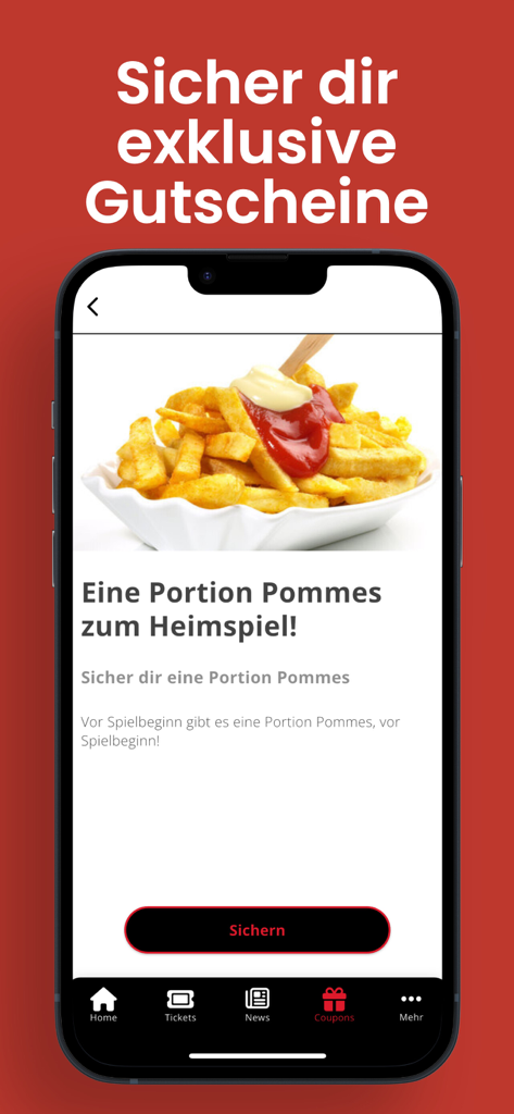 HC Hard App - HC Hard App interface showing a promotional coupon for free fries at home games
