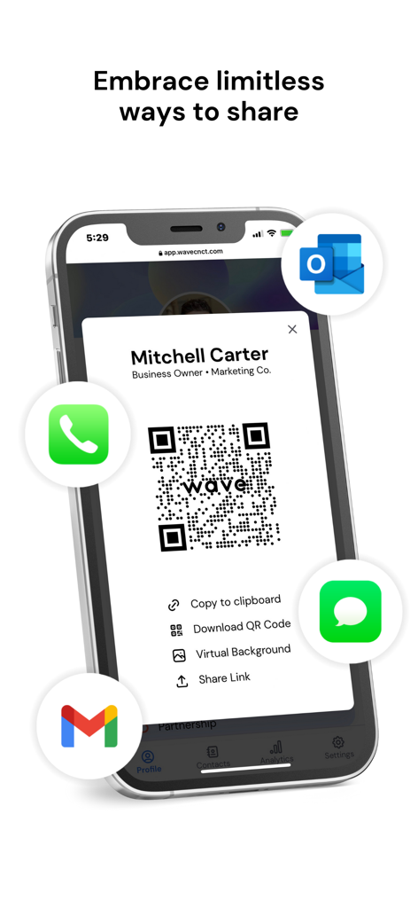 Wave: Digital Business Card - Wave digital business card showing a QR code and multiple sharing options including email and messaging apps