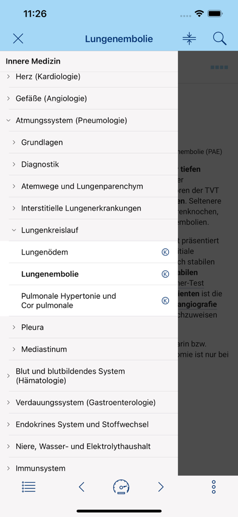 via medici WISSEN TO GO - Uma barra lateral de navegação no aplicativo via medici mostrando um índice médico para tópicos de medicina interna e sistema respiratório