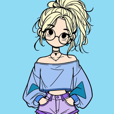 girl with a messy ponytail glasses a baggy crop top and jean shorts