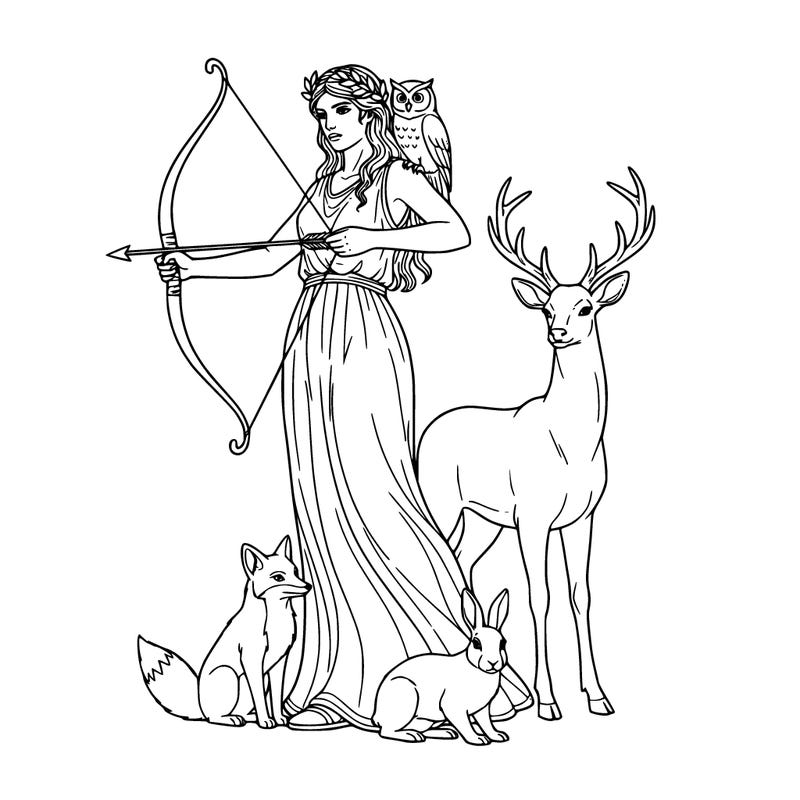 a greek goddess with a dear 🦌. she has a bow and arrow and an owl and a few other wild animals not too many like two more.