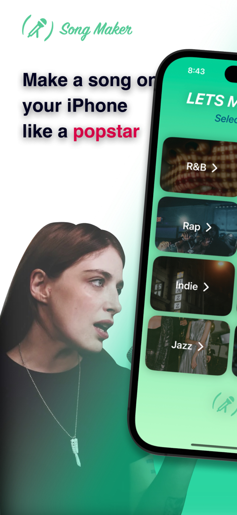음악 장르와 가수가 있는 Song Maker 앱을 보여주는 iPhone 화면