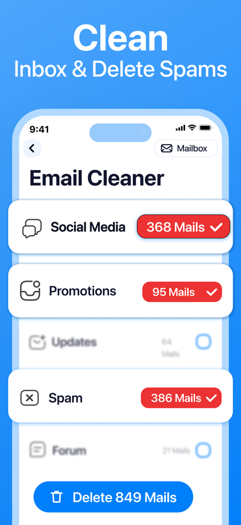 The email cleaner feature in the Cleanup app showing categories for bulk deleting social media promotions and spam emails