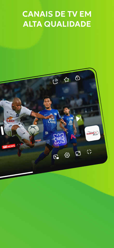 High quality live TV streaming interface showing a soccer match on a mobile app.