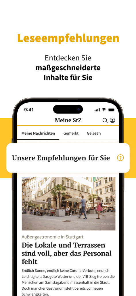 StZ News - Stuttgarter Zeitung - Smartphone-Bildschirm zeigt personalisierte Nachrichtenempfehlungen in der Stuttgarter Zeitung App.