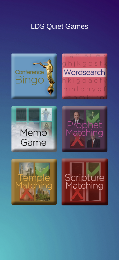 Main menu of the LDS Quiet Games app showing options for Bingo Wordsearch Memo Game Prophet Matching Temple Matching and Scripture Matching