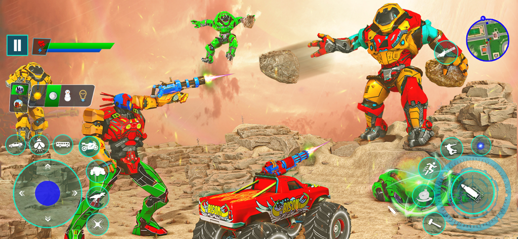 Robot Games - Mech War Games - Action-packed gameplay showing giant robots and a monster truck in a desert battle