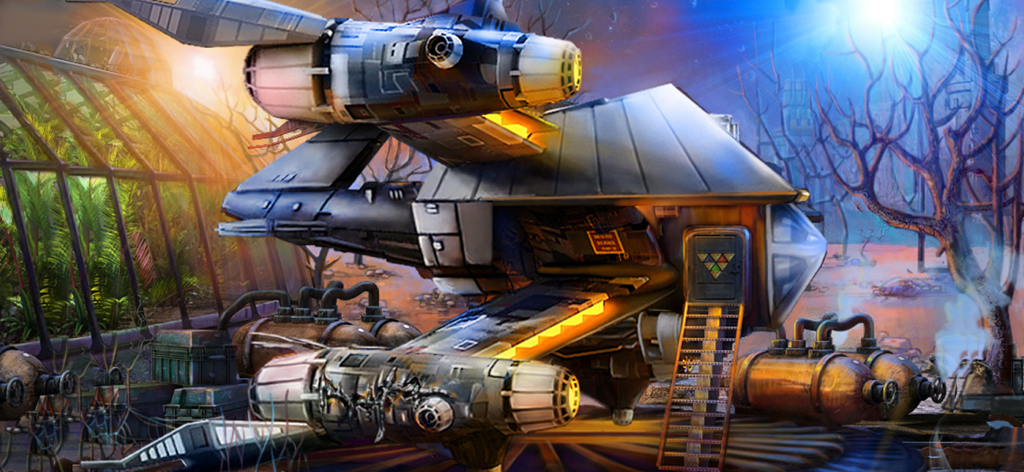 Space Legends: Full Adventure - A futuristic spaceship landed on a faraway planet with a greenhouse and barren trees