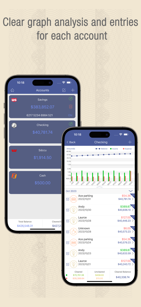 Checkbook Wiz app interface displaying an account list and detailed transaction history with income and expense charts