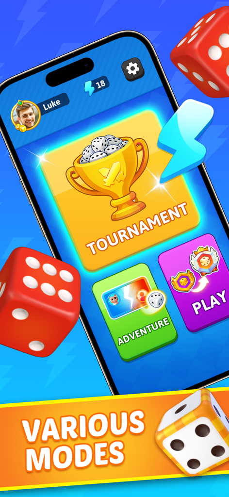 Yatzy Blitz: Classic Dice Game - Mobile screenshot of Yatzy Blitz game modes including tournament and adventure.
