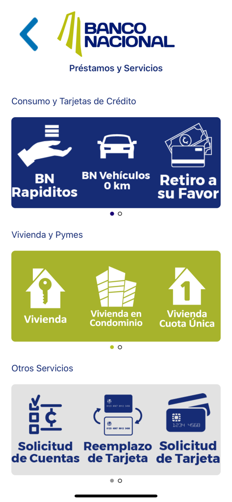 BN Más Cerca de Usted - Menú de la aplicación del Banco Nacional para préstamos, tarjetas de crédito, vivienda y servicios de cuentas.