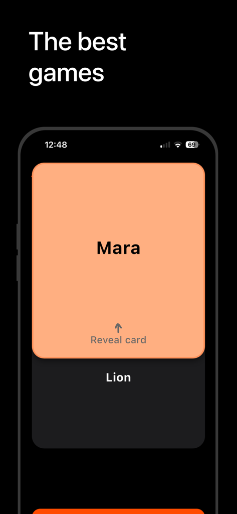 Social Gamebox Family app showing a card reveal interface for group games