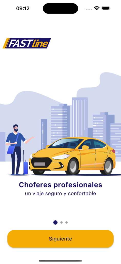 FASTLINE TAXI - Écran d'accueil de l'application Fastline Taxi avec une illustration de voiture jaune et un message sur les chauffeurs professionnels.
