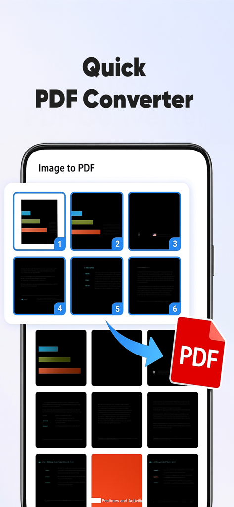 PDF Reader - Scan & View - Una pantalla de smartphone que muestra una función de conversión rápida de imagen a PDF.