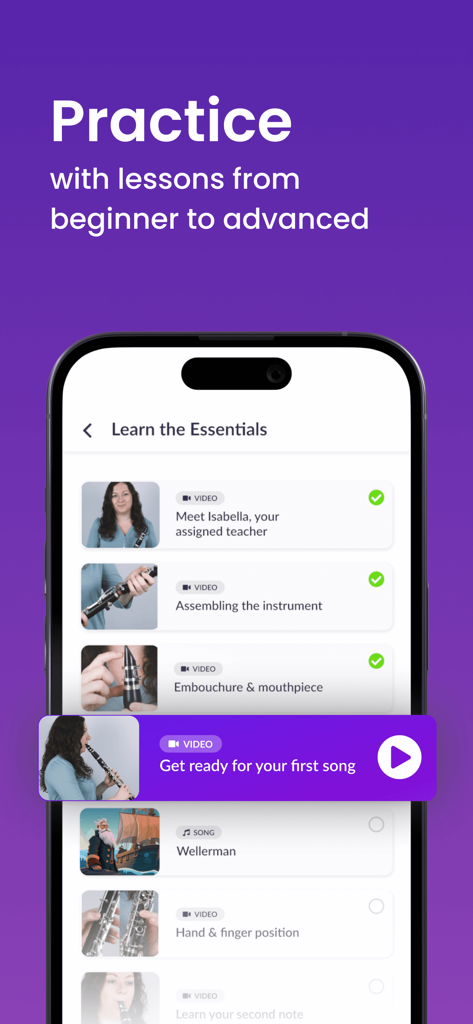 The tonestro app interface showing a list of clarinet lessons for beginners and advanced players