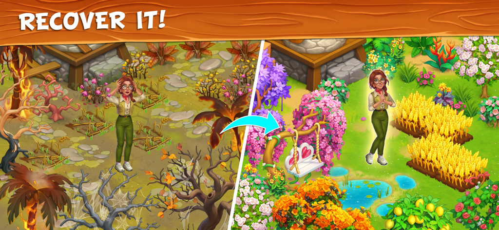 A split screen showing a burnt wasteland being transformed into a lush tropical farm with colorful flowers and wheat fields
