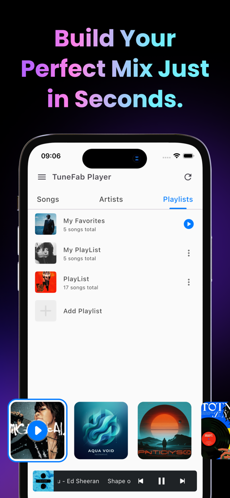 TuneFab Player - Interfaz de la aplicación móvil TuneFab Player mostrando la pantalla de gestión de listas de reproducción con una lista de mezclas de música y controles de reproducción.