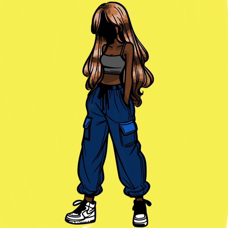 girl in baggy pants crop top and long hair