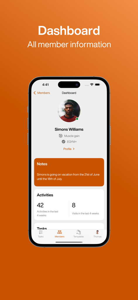 EGYM Trainer app dashboard displaying detailed member information and workout activity.