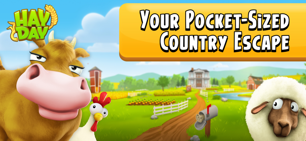 Promotional banner for Hay Day showing cartoon farm animals and a farm landscape with the text Your Pocket-Sized Country Escape.