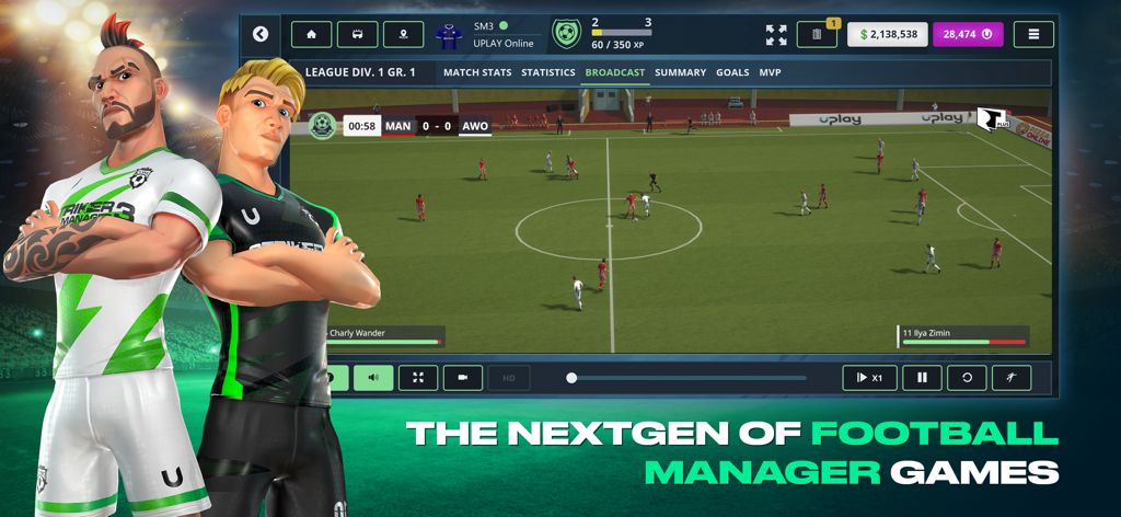 Striker Manager 3 - 3D soccer match broadcast view in Striker Manager 3 with two players in the foreground