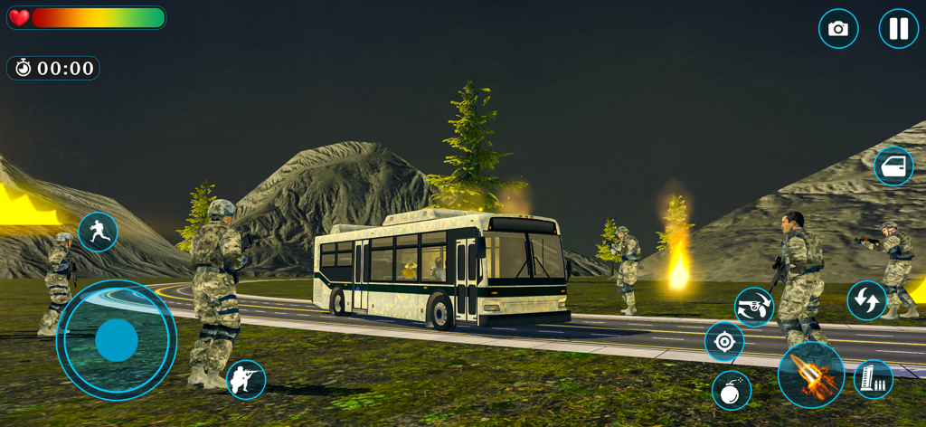 Operation War Clash of Armies - Tactical battle scene with soldiers in camouflage gear surrounding a bus in Operation War Clash of Armies.