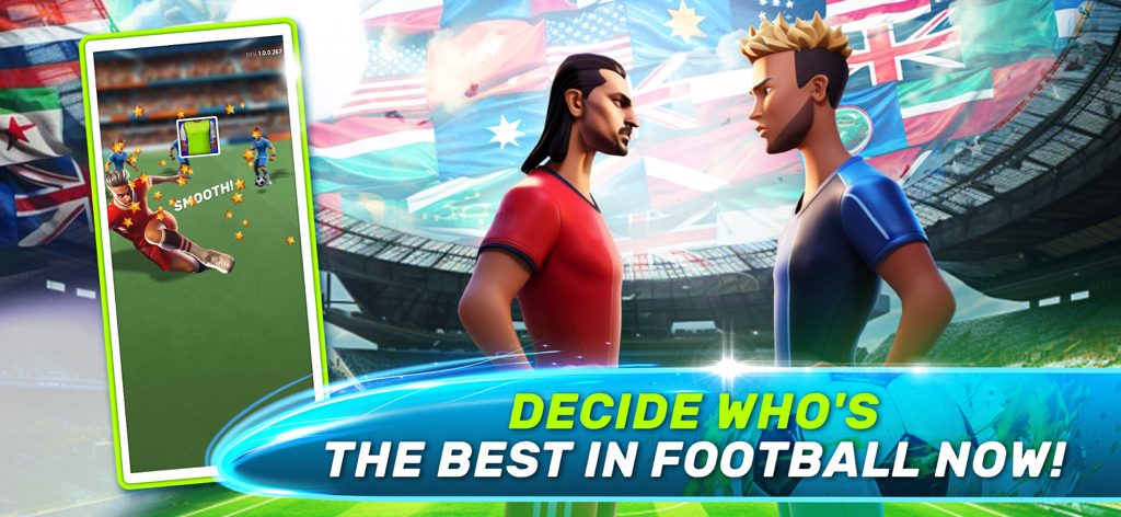 Soccer Clash: Football Game - Dos jugadores de fútbol enfrentados en un estadio con una vista previa del juego en la pantalla de un teléfono.
