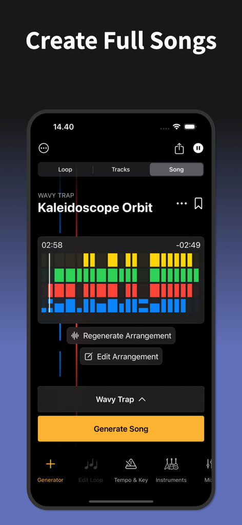 Songen: Instant MIDI Generator - Interface of the Songen app showing a full song arrangement for a Wavy Trap track with generation and editing tools