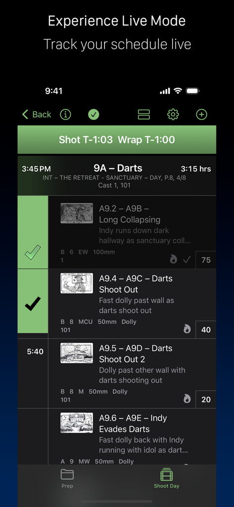 App mobile Shot Lister che mostra un programma di produzione cinematografica digitale con monitoraggio del tempo in tempo reale e liste di inquadrature