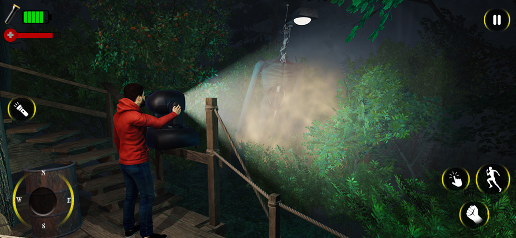 A character uses a searchlight to find the Light Head monster in a dark forest at night