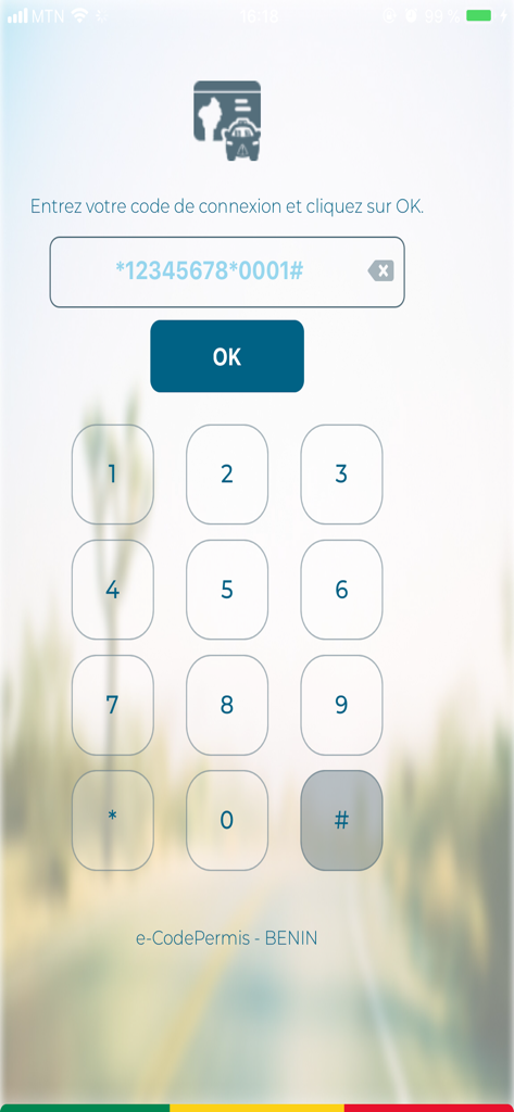 Guide Permis Benin connection code entry screen with numeric keypad